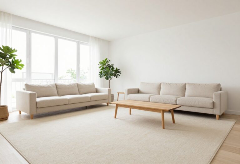 Light and airy living room with a cream wool carpet, beige sofa, and natural light from windows.