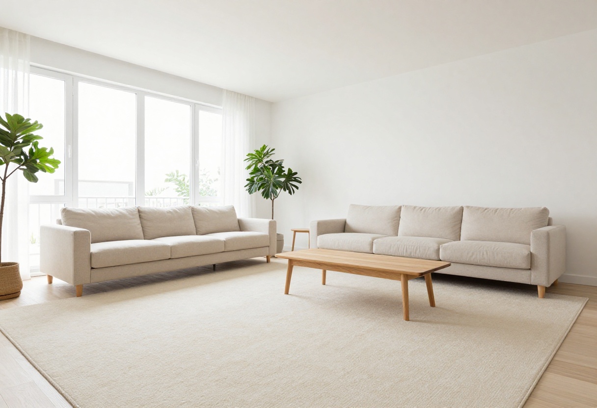 Light and airy living room with a cream wool carpet, beige sofa, and natural light from windows.