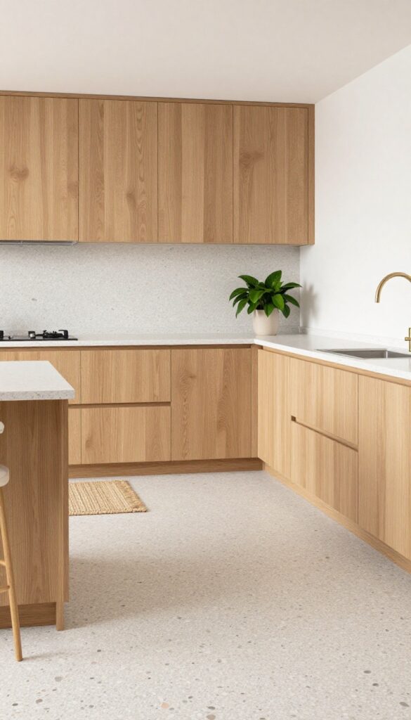 Modern kitchen with terrazzo flooring in warm gray with blush, sage, and cream chips, paired with natural wood cabinets and warm white walls, bright natural light.