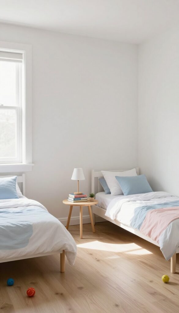 Twin beds in an L-shape with a shared corner table in a bright children's bedroom