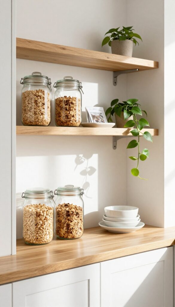 Open shelving in a guest suite kitchenette with glass jars, a plant, and ceramic dishes, styled minimally in natural light.