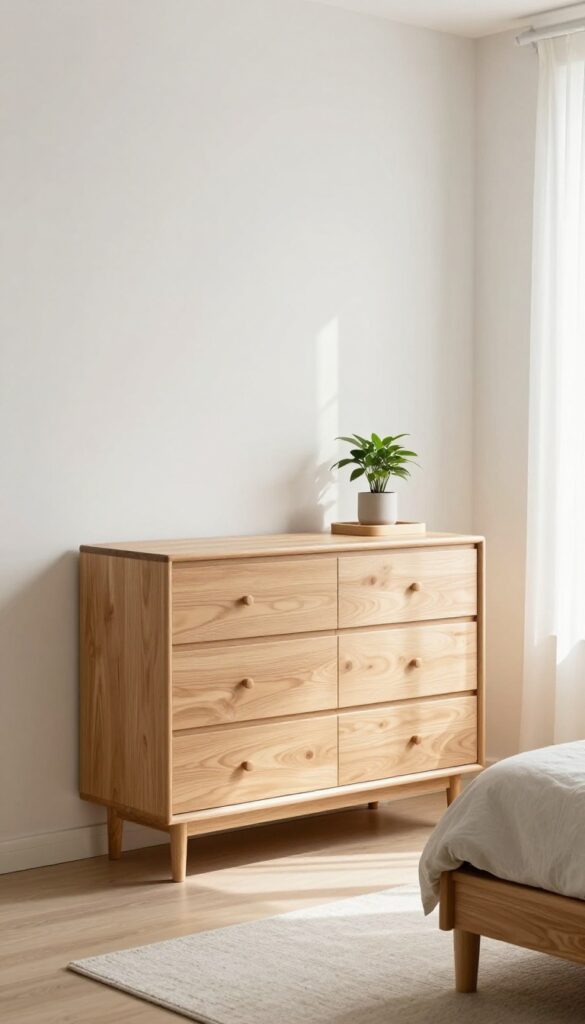 Tall dresser in a small bedroom with vertical storage, light wood finish, and minimal decor on top.