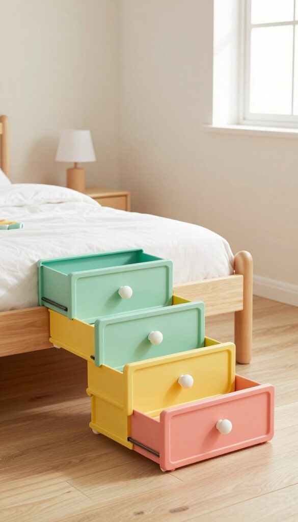 Under-bed rolling drawers in sunny yellow, mint green, and coral pink in a bright kids bedroom
