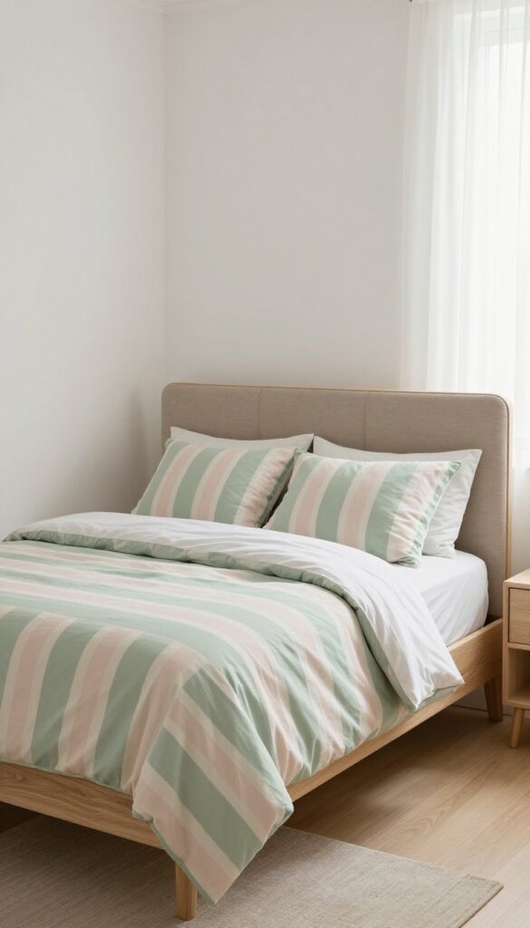 Bedroom with wide vertical striped wallpaper in muted sage and blush, platform bed, and sheer curtains, creating an illusion of height.