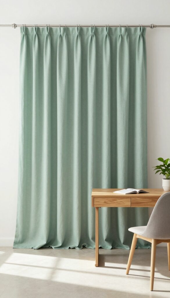 Home office with floor-to-ceiling sage green curtains framing a Murphy bed wall, wooden desk, and natural light.