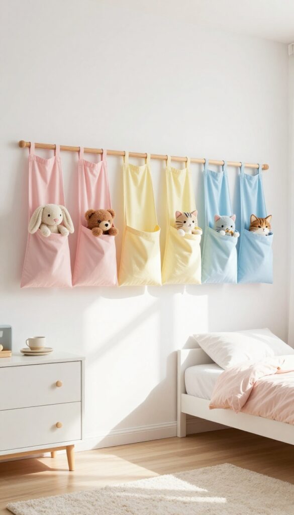 Hanging wall pockets with stuffed animals in a bright, airy kids' bedroom