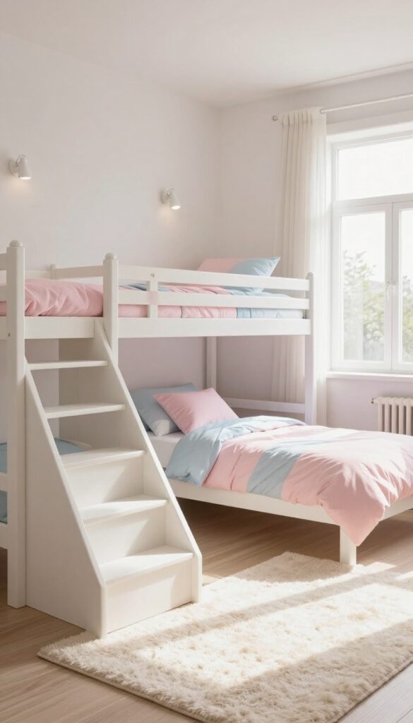 Low bunk beds for younger kids in a bright bedroom with pastel bedding and soft rug