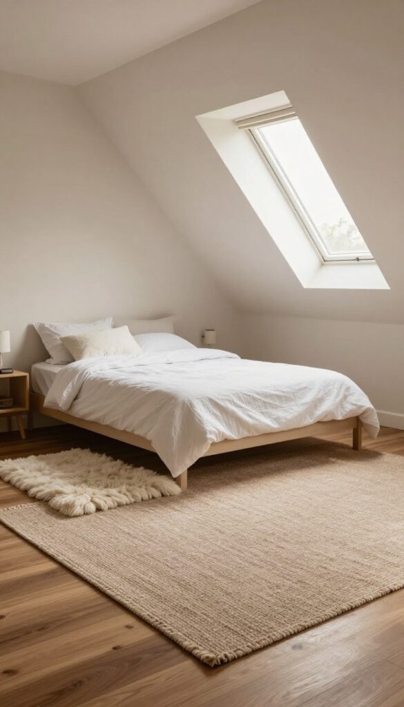 Attic bedroom with layered rugs: large jute base and smaller plush cream rug defining the bed area, natural light, cozy atmosphere.