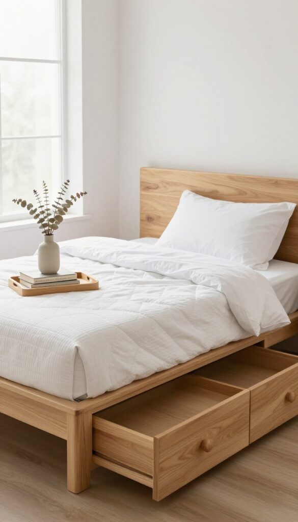 Guest bedroom with a storage bed featuring built-in drawers, dressed in white linens with a tray of eucalyptus and books.