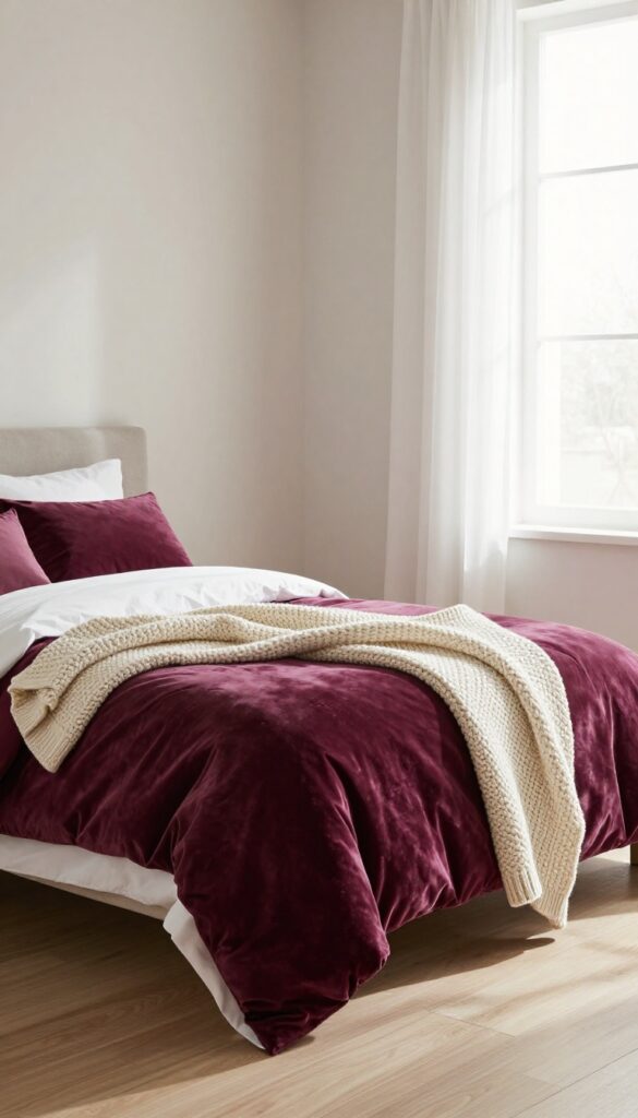 Girl's bedroom with deep plum velvet bedding, white sheets, cream knit throw, natural light, neutral walls, cozy sanctuary.