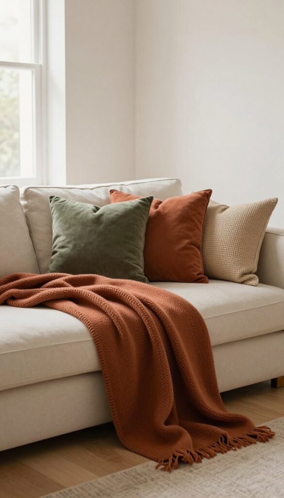 Cream couch with earthy toned pillows and throws in terracotta, olive, rust, and beige in a bright living room.