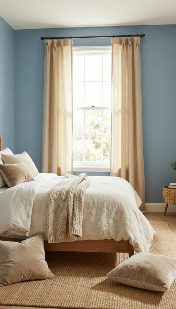 Bright blue bedroom with cream and beige textiles, layered bedding, and natural light
