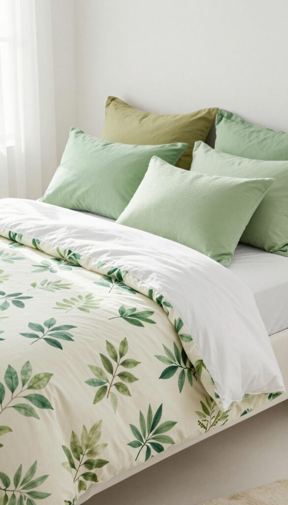 Girl's bedroom with leaf-print duvet cover and solid green pillows