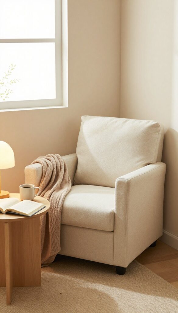 Cozy reading nook in a small bedroom corner with armchair, side table, and floor lamp