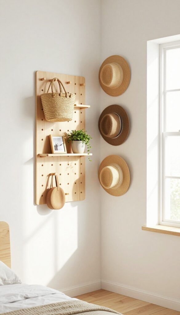 Pegboard wall storage in a bright bedroom with accessories and plant