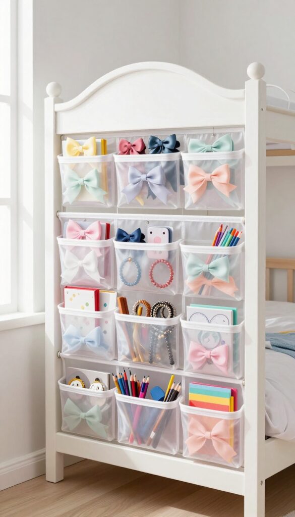 Over-the-door hanging organizer with clear pockets holding small items like hair bows and bracelets in a bright kids' bedroom