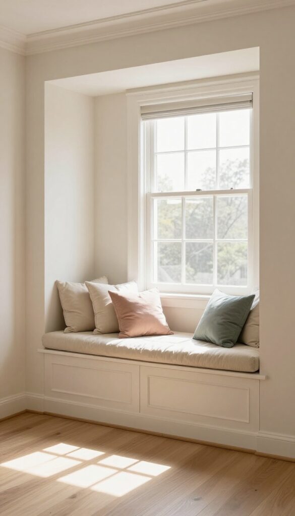 Small bedroom with cream walls and a window seat with storage, featuring plush cushions and throw pillows in muted tones.