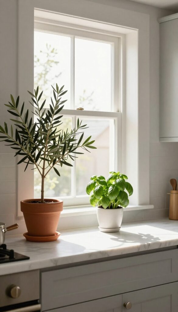 Light grey kitchen with potted olive tree by window and herb pots on counter