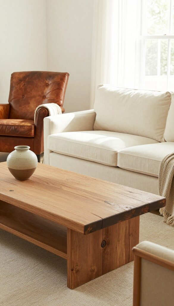 Cream couch living room with vintage leather armchair and reclaimed wood coffee table