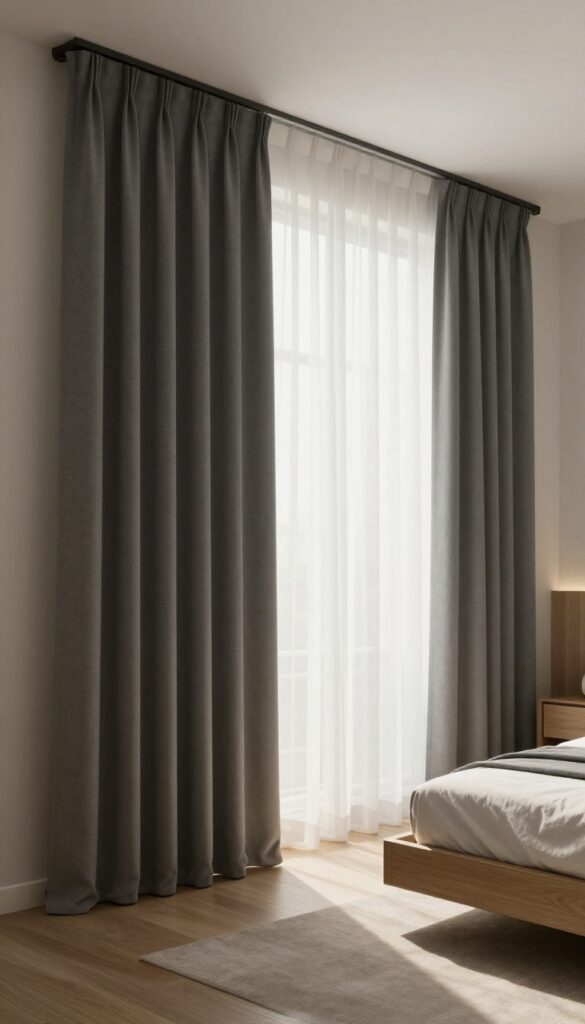 Small bedroom with matte charcoal blackout curtains and sheer white curtains layered underneath, creating a dark, cozy, and modern atmosphere.