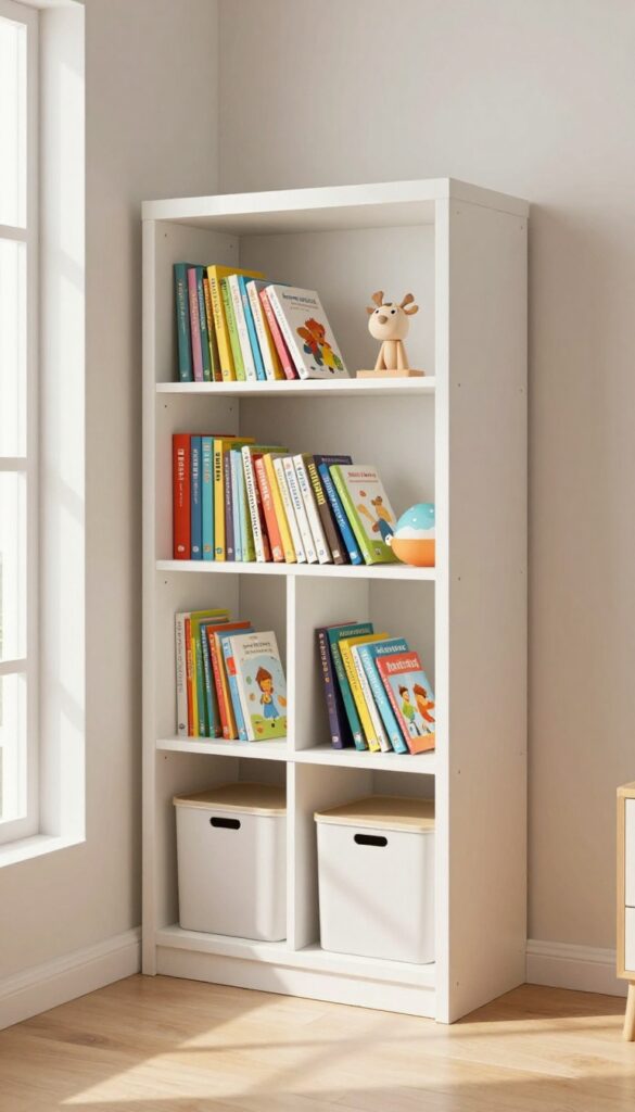 Corner bookshelf with toy bins in a shared boys bedroom
