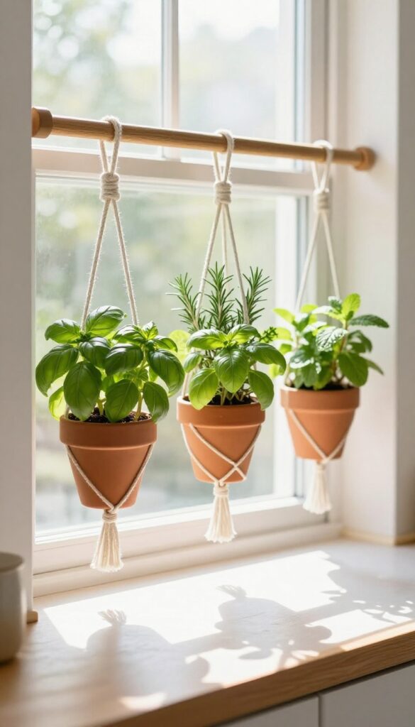 Hanging herb garden by a sunny kitchen window with terracotta pots on macrame hangers
