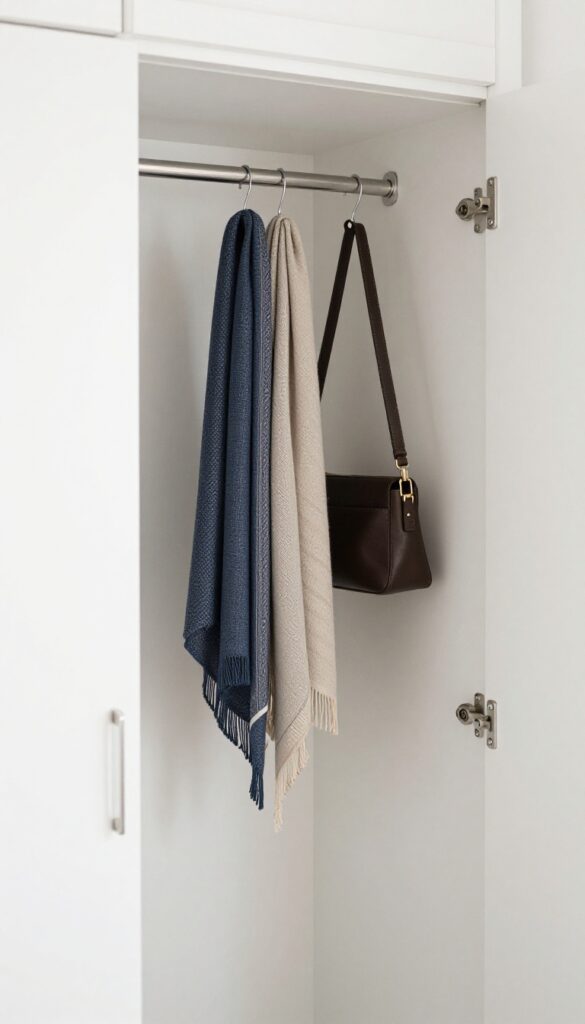 Slim hanging rod attached to inside of closet door, holding scarves, belts, and a bag in a small bedroom