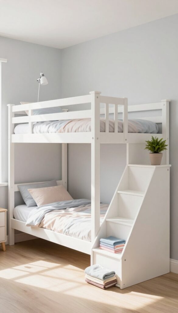 Twin over full bunk bed with stairs and drawers in a bright, modern children's bedroom