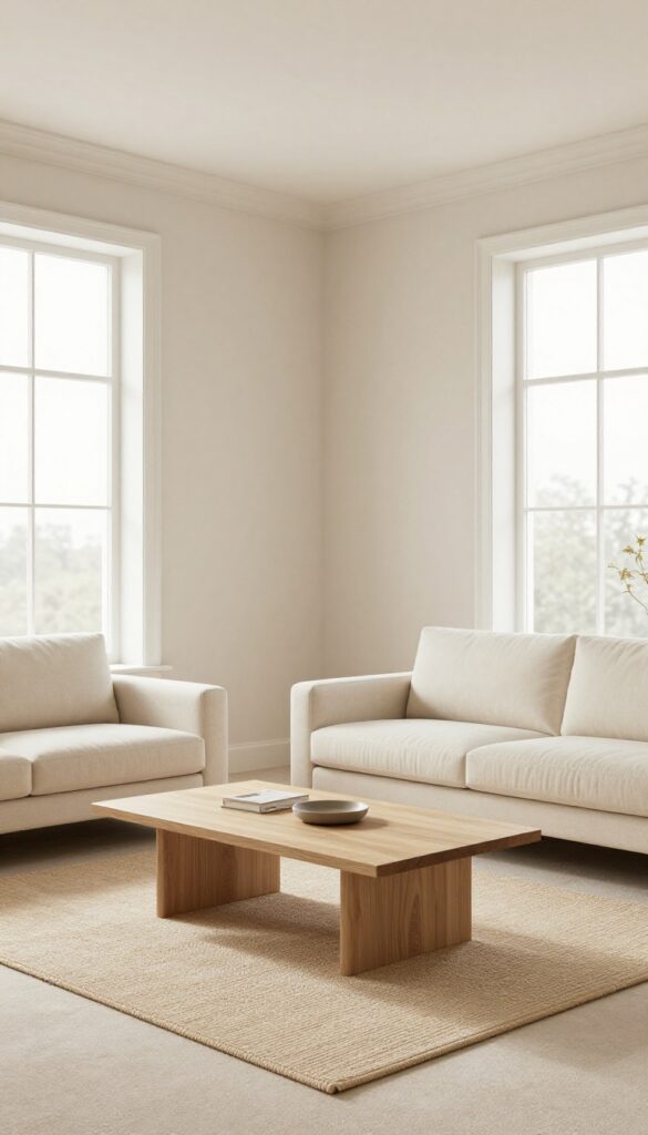 Light and airy living room with soft beige textured carpet and layered jute rug