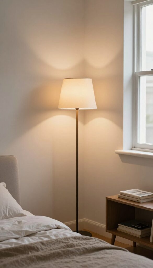 Small bedroom with a corner floor lamp providing soft, warm layered lighting, creating a cozy retreat atmosphere.