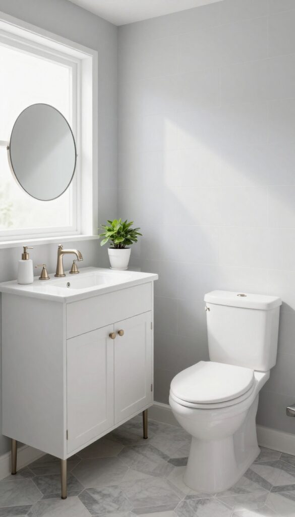 Small guest bathroom with patterned floor tiles, white vanity, and natural light