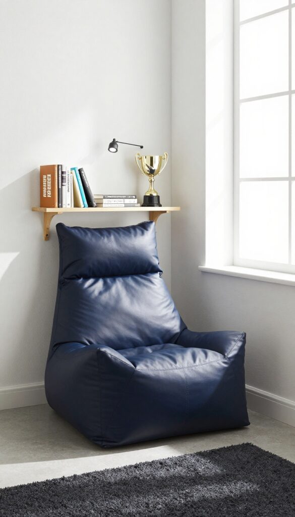 Cozy reading nook with stadium seating vibes in a boy's sports bedroom, featuring a leather beanbag, clamp spotlight, and bookshelf.