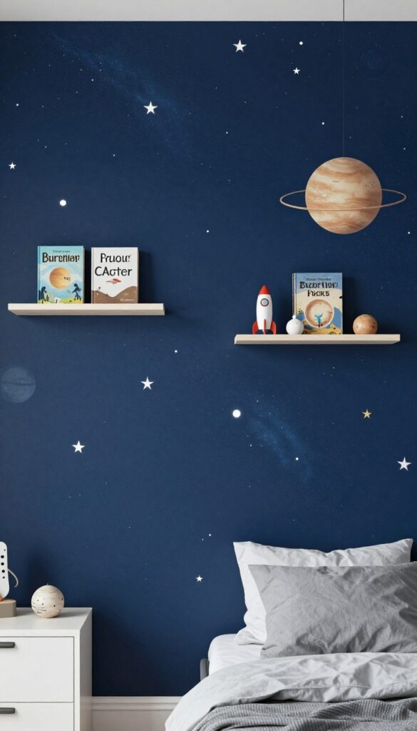 Kids bedroom with space wallpaper and floating planet shelves