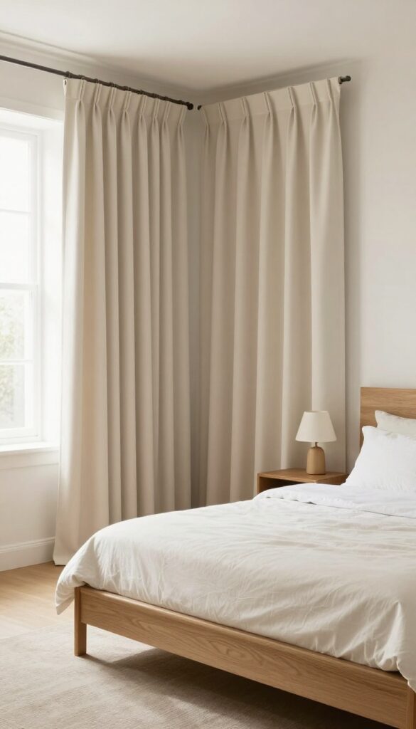 Guest room with closed blackout curtains in warm ivory, cozy bed and nightstand, hotel-like calm atmosphere