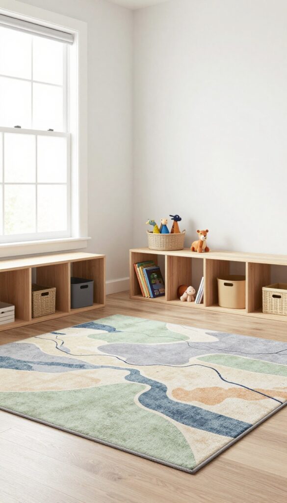 Toddler boy's bedroom with a landscape-themed rug, low bookshelf, and toy animals in a bright, modern setting.
