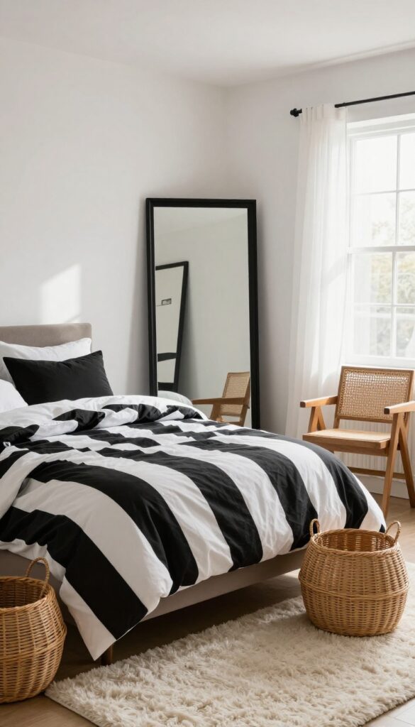 Modern girl's bedroom with black and white striped bedding, black-framed mirror, cream shag rug, rattan baskets, and cane chair, bathed in natural light.