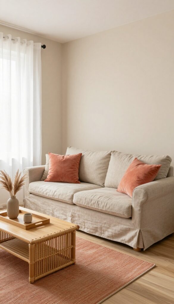 Small boho living room with sunbleached coral accents, sandy beige walls, white ceiling, and natural rattan furniture.