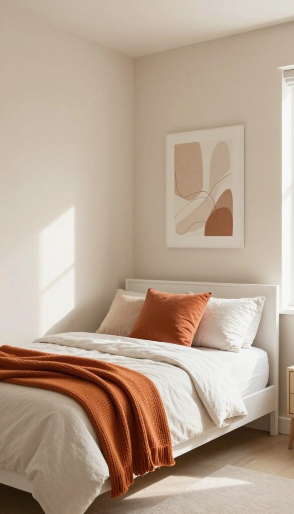 Cozy small bedroom with neutral base and warm rust and terracotta accents
