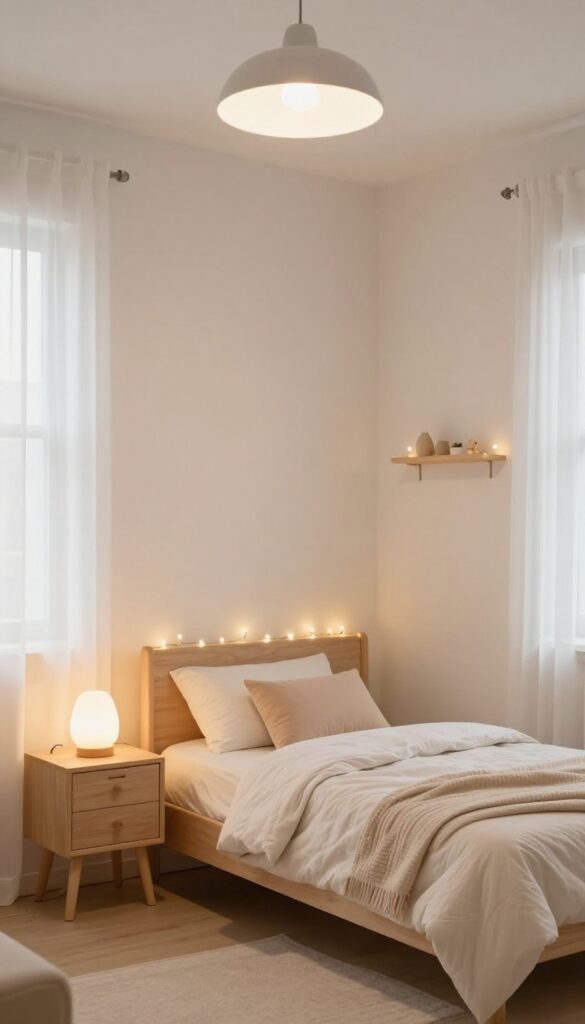 Cozy kids bedroom with layered lighting: pendant lamp, table lamp, and fairy lights