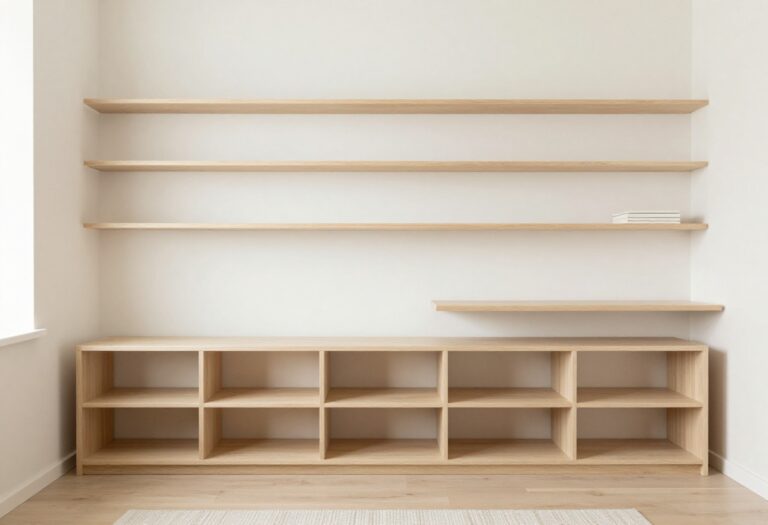 Cozy guest bedroom with smart storage solutions including a bed with drawers and wall shelves