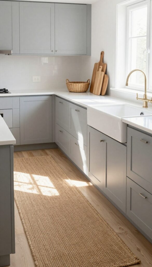 A light grey kitchen with a natural jute runner on the floor, adding warmth and texture to the space.