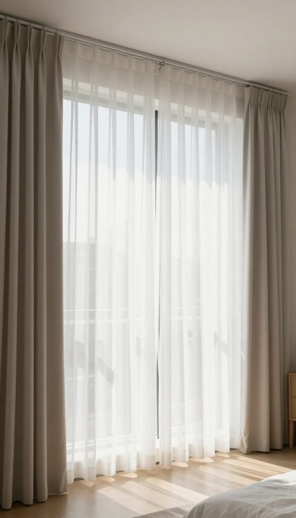 Sheer curtains hung high and wide above a window in a small bedroom, making the room look larger and brighter.