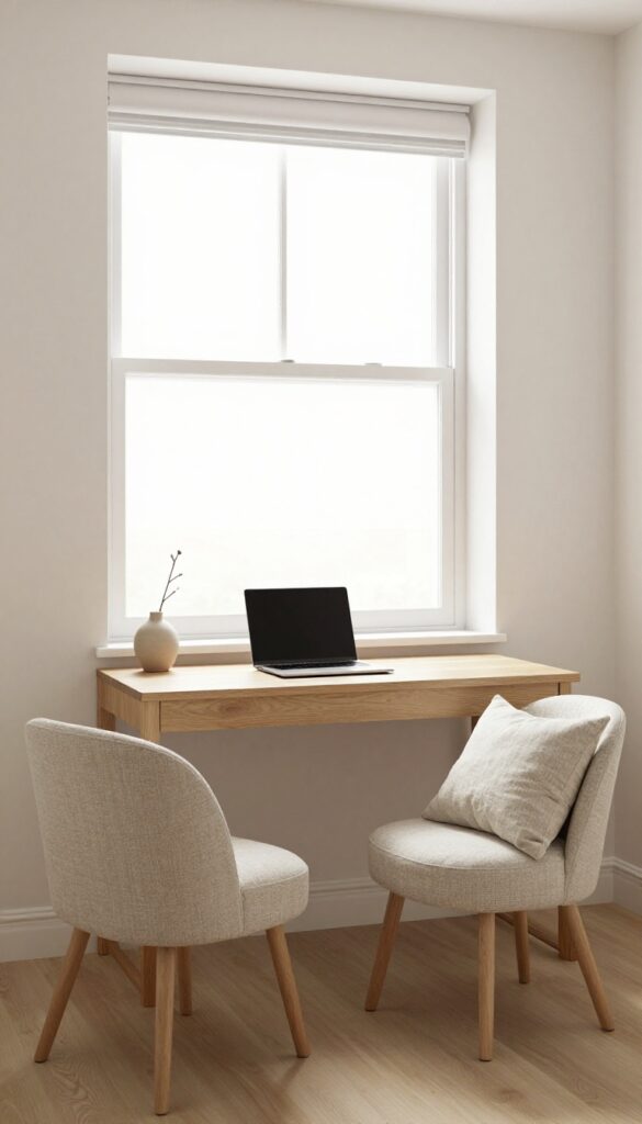 Guest bedroom with window nook desk and cozy armchair