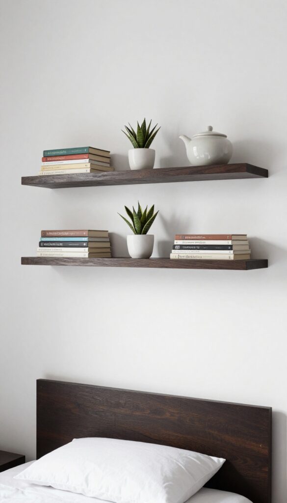 Dark floating shelves above bed with books, snake plant, and ceramic catchall in a small masculine bedroom