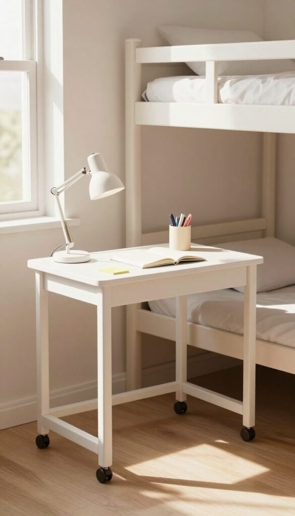 Teen bedroom with a rolling cart desk near a window, loft bed above, bright natural light, clean and airy.