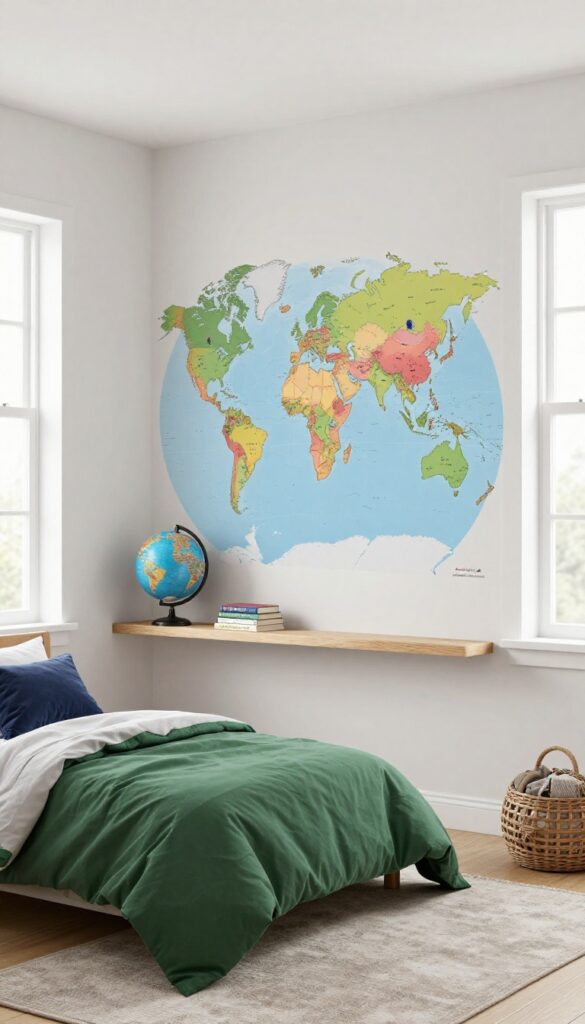 Small boy's bedroom with interactive world map wall decal, globe on shelf, and travel books