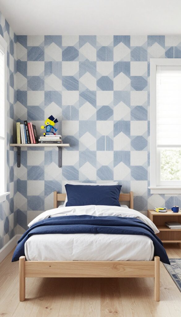 Modern boy's bedroom with geometric accent wall in navy and white, simple bed, and floating shelves.