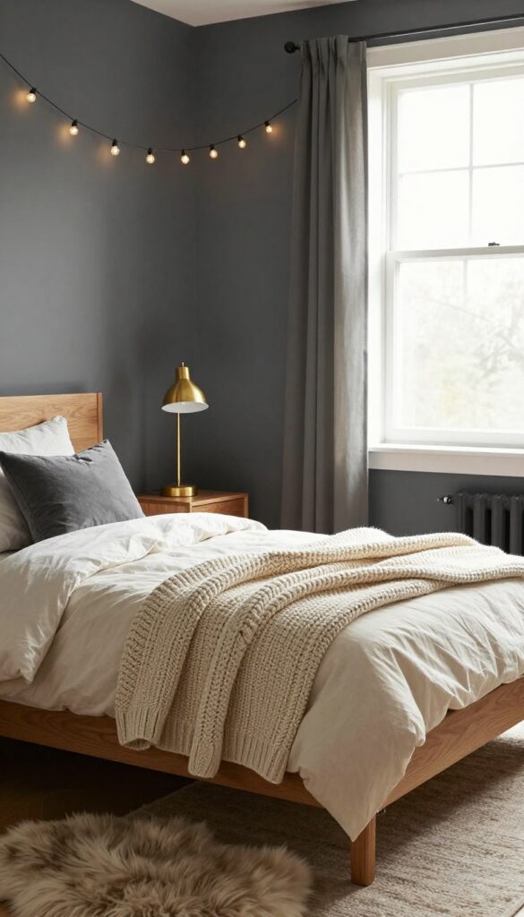 Cozy boy's bedroom with charcoal gray walls and light cream bedding