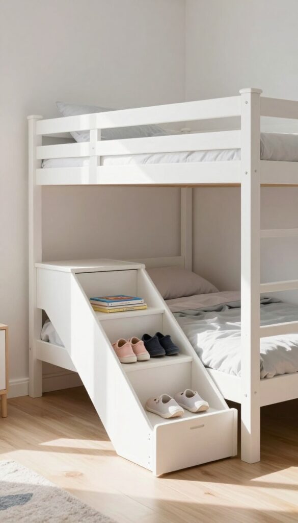 Bunk bed with integrated storage steps in a light and airy kids' bedroom