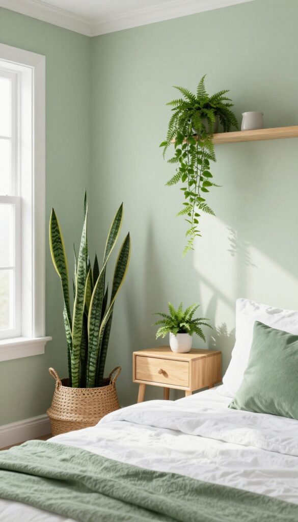 Calming sage green bedroom with layered plants including snake plant, pothos, and fern in natural light